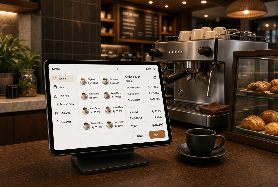 Tablet Simple POS Cafe JUDI28 di atas meja kasir kedai kopi