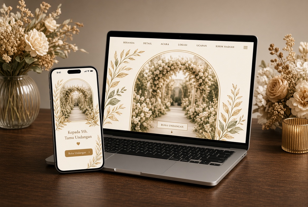 Contoh undangan digital JUDI28 ditampilkan di laptop dan ponsel dengan desain floral ivory